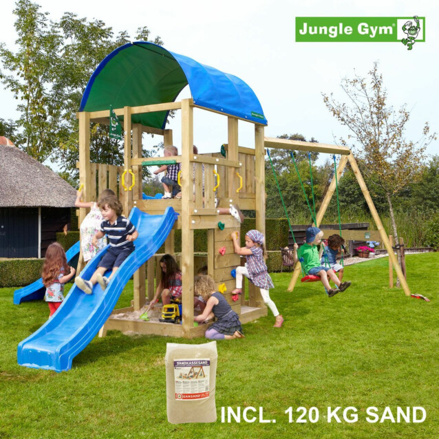 Leikkikeskus Jungle Gym Farm ja Swing Module X'tra sis. 120 kg hiekkaa ja sinisen liukumäen
