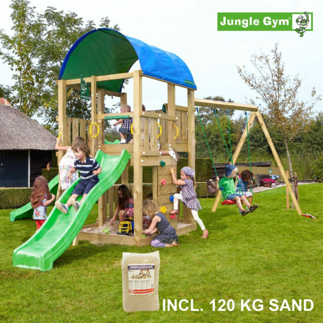 Leikkikeskus Jungle Gym Farm ja Swing Module X'tra sis. 120 kg hiekkaa ja vihreän liukumäen