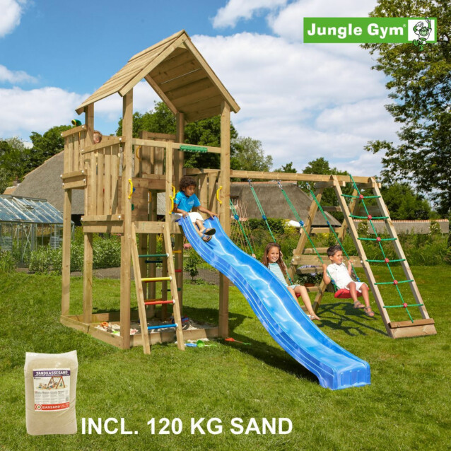 Leikkikeskus Jungle Gym Palace ja Climb Module X'tra sis. 120 kg hiekkaa ja sinisen liukumäen