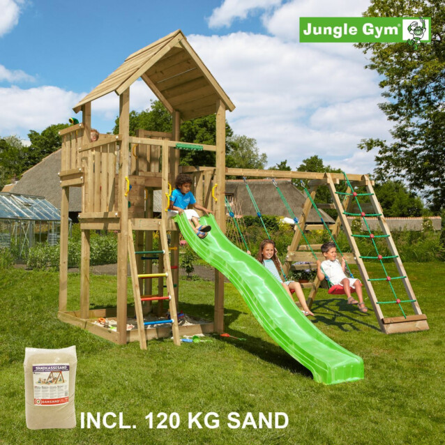 Leikkikeskus Jungle Gym Palace ja Climb Module X'tra sis. 120 kg hiekkaa ja vihreän liukumäen