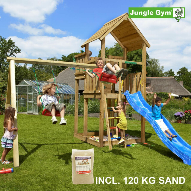 Leikkikeskus Jungle Gym Palace ja Swing Module X'tra sis. 120 kg hiekkaa ja sinisen liukumäen