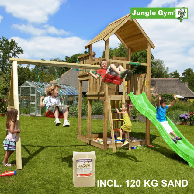 Leikkikeskus Jungle Gym Palace ja Swing Module X'tra sis. 120 kg hiekkaa ja vihreän liukumäen
