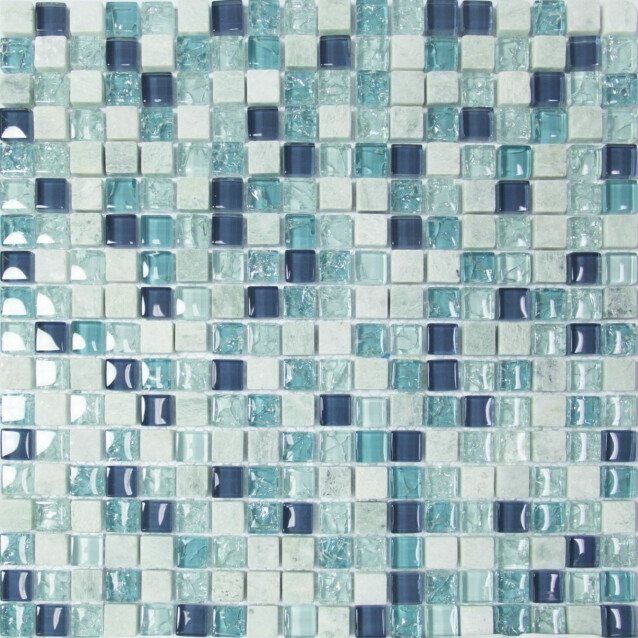 Mosaiikkilaatta Pukkila Lasi-luonnonkivimosaiikki Exclusive Ice Blue himmeä struktuuri 15x15 mm