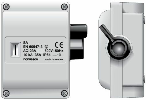 Turvakytkin Norwesco SA316, sivusta väännettävä, 3x16A, 500V, 7.5kW, IP54, harmaa, 10kpl/pkt