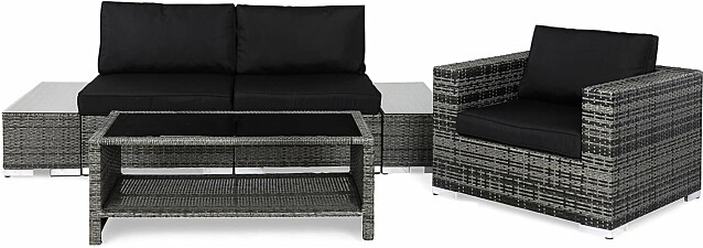 Oleskeluryhmä Bahamas 2-istuttava sohva nojatuoli 2 päätypöytää sohvapöytä hyllyllä tummanharmaa-musta
