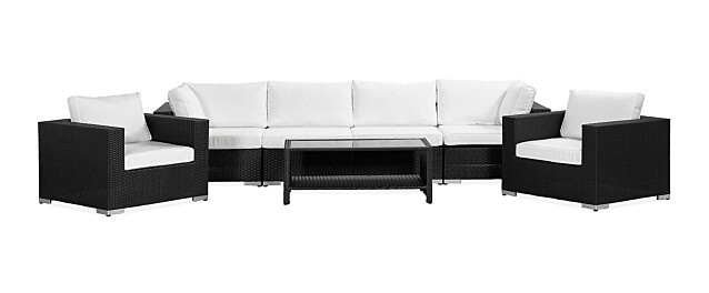Oleskeluryhmä Bahamas 4-istuttava sohva + 2 nojatuolia + sohvapöytä hyllyllä musta/valkoinen