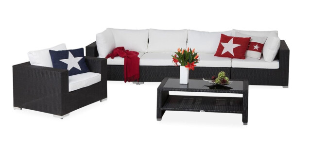 Oleskeluryhmä Bahamas 4-istuttava sohva +  nojatuoli + sohvapöytä hyllyllä musta/valkoinen