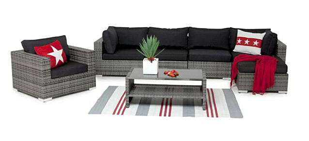 Oleskeluryhmä Bahamas 5-istuttava sohva divaanilla + nojatuoli + sohvapöytä hyllyllä harmaa/musta