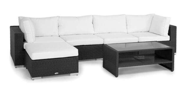 Oleskeluryhmä Bahamas 5-istuttava sohva divaanilla + sohvapöytä hyllyllä musta/valkoinen
