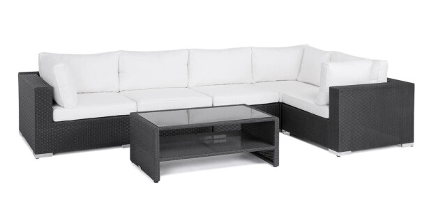 Oleskeluryhmä Tuulikki 5 hengen kulmasohva + sohvapöytä hyllyllä musta polyrottinki