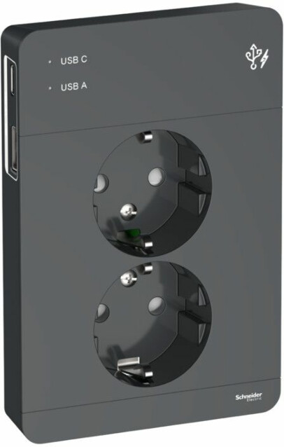 Pistorasia Schneider Electric Exxact, 2-osainen, peitelevyllä + 2x USB lataus A+C 3A, antrasiitti