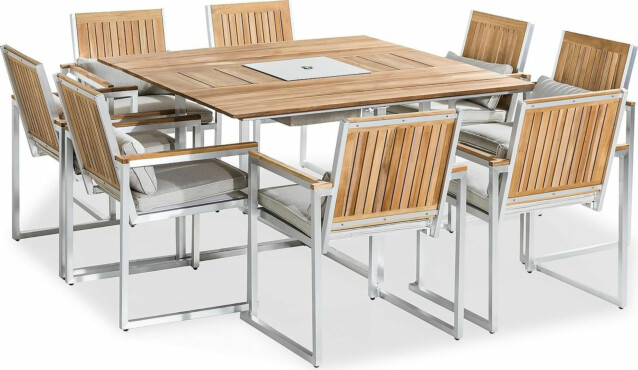Ruokailuryhmä Bastad 140 cm pöytä 8 tuolia tiikki/harjattu alumiini
