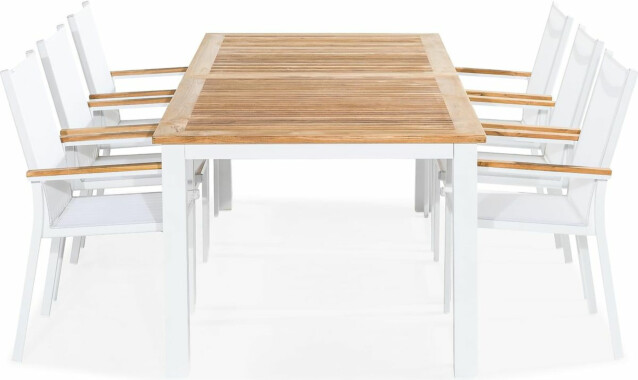 Ruokailuryhmä Las Vegas 220-280 cm jatkettava pöytä 6 pinottavaa tuolia valkoinen-tiikki