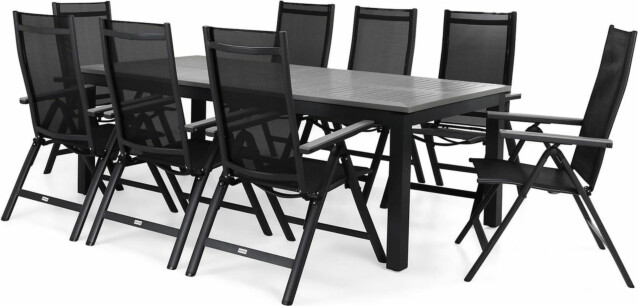 Ruokailuryhmä Monaco-Monaco 220-280 cm jatkettava pöytä 8 säädettävää tuolia musta-harmaa