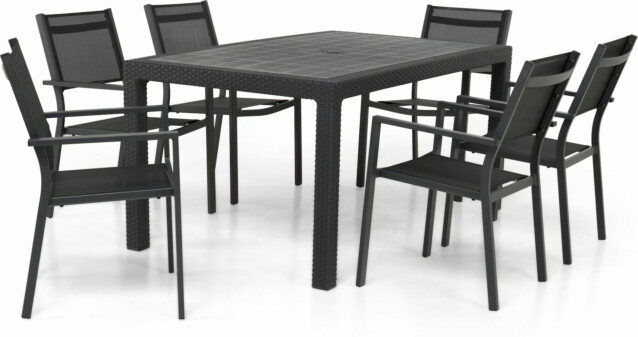 Ruokailuryhmä Saga 160 cm 6 pinottavaa tuolia harmaa/musta