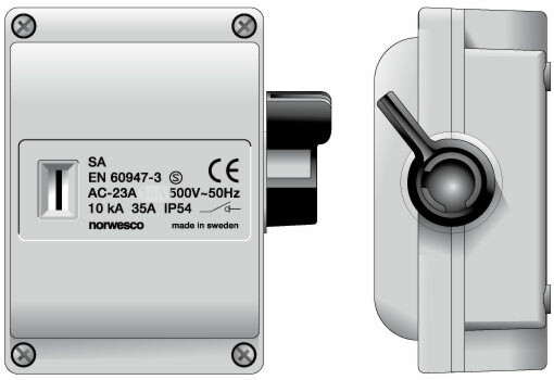 Turvakytkin Norwesco SA316/M25, sivusta väännettävä, 3x16A, 4xM25 läpivientiä, 500V, 7.5kW, IP54, harmaa