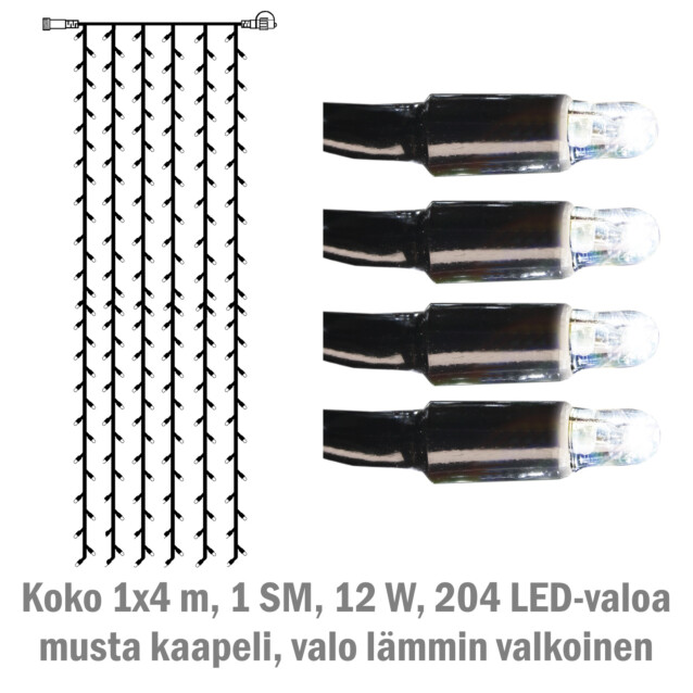 Valoverho System LED Extra musta 12W 204 valoa 1x4 m kylmä valkoinen