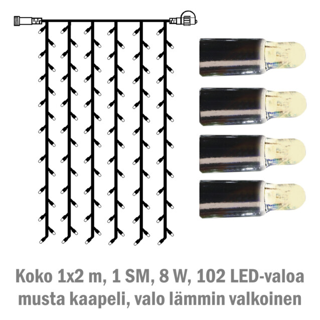 Valoverho System LED Extra musta 8W 102 valoa 1x2 m lämmin valkoinen