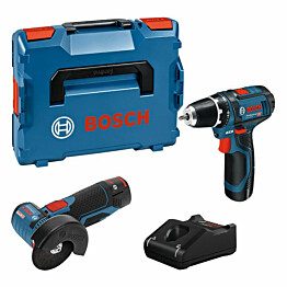 Akkukonesarja Bosch Professional GSR 12V-15 + GWS 12V-76 2x2,0 Ah akuilla + L-Boxx