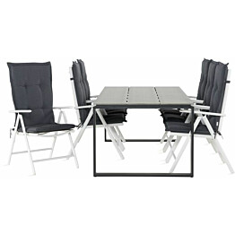 Ruokailuryhmä Turieno 210x100cm, 6 Maggie-tuolia valkoinen/harmaa + harmaat pehmusteet