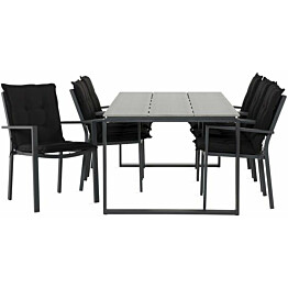 Ruokailuryhmä Turieno 210x100cm, 6 Tunis-tuolia, harmaa + mustat pehmusteet