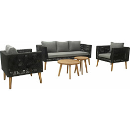 Oleskeluryhmä Esmeen 3-istuttava sohva + 2 tuolia + 2 pöytää musta/harmaa/akaasia