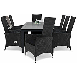Ruokailuryhmä Monaco 220-280cm, 8 Jenny-tuolia, musta/harmaa + mustat pehmusteet