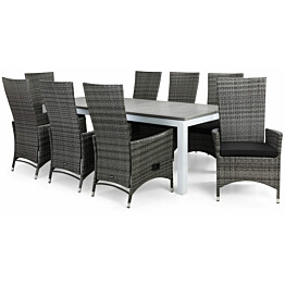 Ruokailuryhmä Monaco 220-280cm, 8 Jenny-tuolia, valkoinen/harmaa + mustat pehmusteet