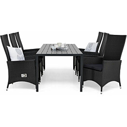 Ruokailuryhmä Tunis 205x90cm, 6 Jenny-tuolia, musta + pehmusteet, eri värejä