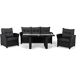 Sohvaryhmä James 3-istuttava sohva + 2 tuolia + pöytä lasilla musta/harmaa