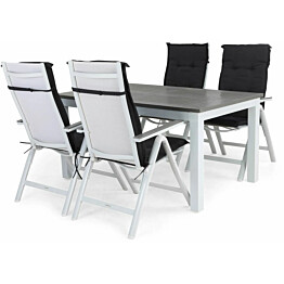 Ruokailuryhmä Monaco 152-210cm, 4 Maggie-tuolia, valkoinen/harmaa + tummanharmaat pehmusteet