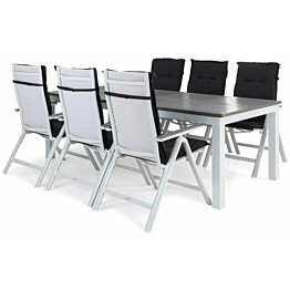Ruokailuryhmä Monaco 220-280cm, 6 Monaco Light -tuolia, valkoinen + tummanharmaat pehmusteet