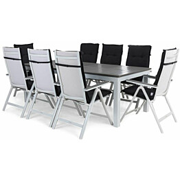 Ruokailuryhmä Monaco 220-280cm, 8 Monaco Light -tuolia, valkoinen + tummanharmaat pehmusteet