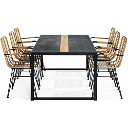 Ruokailuryhmä Bastian 200x100cm + 6 Malaga-tuolia, musta/tiikki