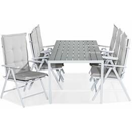 Ruokailuryhmä Tunis 205x90cm, 6 Maggie-tuolia, valkoinen/harmaa + harmaat pehmusteet