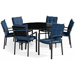 Ruokailuryhmä Tunis Ø140cm, 6 tuolia, musta + siniset pehmusteet