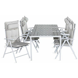 Ruokailuryhmä Tunis 205x90cm, 6 Maggie-tuolia, valkoinen/harmaa + harmaat pehmusteet, niskatyynyt