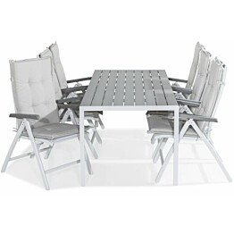 Ruokailuryhmä Tunis 205x90cm, 6 Monaco Lyx -tuolia, valkoinen/harmaa + pehmusteet, eri värejä