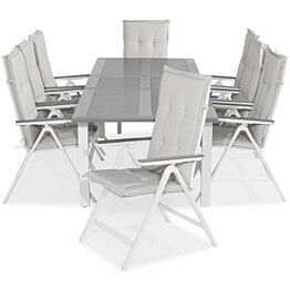 Ruokailuryhmä Monaco 220-280x100cm, 8 Monaco Light -tuolia, valkoinen/harmaa + pehmusteet, eri värejä