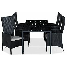 Ruokailuryhmä Tunis 205x90cm, 6 Jenny-tuolia, musta + luonnonvalkoiset pehmusteet