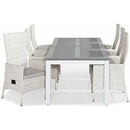 Ruokailuryhmä Monaco 220-280x100cm, 6 Jenny-tuolia, valkoinen/harmaa + pehmusteet, eri värejä