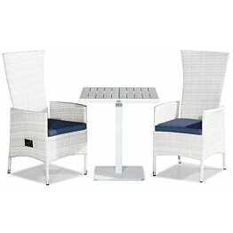 Parvekeryhmä Sierra 70x70cm, 2 Jenny-tuolia, valkoinen/harmaa + siniset pehmusteet
