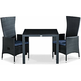Ruokailuryhmä Tunis 90x90cm, 2 Jenny-tuolia, musta + siniset pehmusteet
