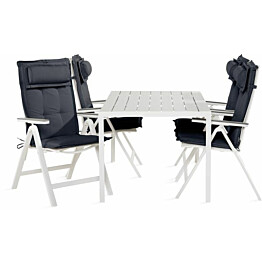 Ruokailuryhmä Tunis 150x90cm, 4 Monaco Light -tuolia, valkoinen/harmaa + pehmusteet niskatyynyillä, eri värejä