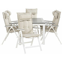 Ruokailuryhmä Monaco 90x152-210cm, 6 Monaco Light -tuolia valkoinen/harmaa + pehmusteet niskatyynyillä, eri värejä