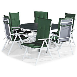 Ruokailuryhmä Alex pyöreä 6 Maggie tuolia + vihreät pehmusteet harmaa