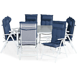 Ruokailuryhmä Tunis 8 Maggie tuolia + siniset pehmusteet tyynyllä harmaa