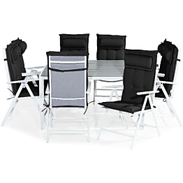 Ruokailuryhmä Tunis 8 Maggie tuolia + mustat pehmusteet tyynyllä harmaa