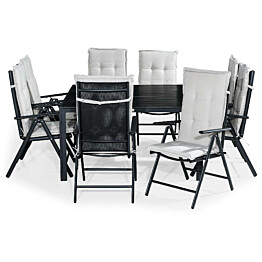 Ruokailuryhmä Tunis 8 Monaco Lyx tuolia + valkoiset pehmusteet musta