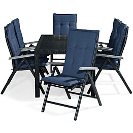 Ruokailuryhmä Melody 6 Monaco tuolia + siniset pehmusteet musta